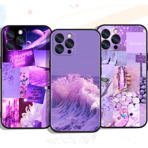 Könnte beinhalten: Drei lila Handyhüllen mit einzigartigen Designs. Eine Hülle zeigt eine Collage mit den Texten „TRAPPED IN MY MIND“ und „SILENCE IS BETTER THAN BULLSHIT“. Eine andere Hülle zeigt eine Welle. Die dritte Hülle zeigt eine Collage mit einer Coca-Cola-Dose und dem Text „ARE YOU LOST?“