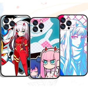 May include: Three phone cases with anime-style illustrations. One case features a red-suited character with horns and a robot. Another has a pink-haired character with teal eyes. The third case has a blue and white design with a character in a white frame.