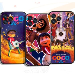 May include: Three different phone cases featuring characters from the Disney Pixar movie Coco. The first case features Miguel playing a guitar. The second case features Miguel and Hector. The third case features Hector, Miguel, and Dante. All three cases feature the Disney Pixar Coco logo.