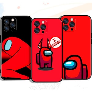 May include: Three phone cases featuring the Among Us game characters. The cases are red and black, with cartoon illustrations of the characters. One case has the text "I Voted" on a white circle.