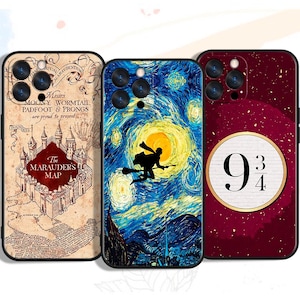 May include: Three phone cases with different designs. One features a map with text, another depicts a figure on a broom against a starry night, and the third displays the number "9 3/4" in a circle.