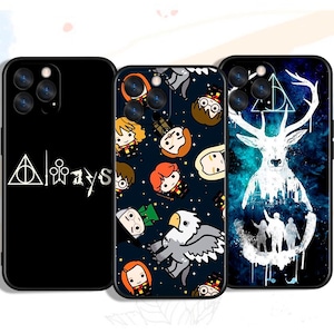 May include: Three black phone cases with different designs. One case features the text "Always" with a Deathly Hallows symbol. Another case has a pattern of cartoon characters. The third case displays a stag silhouette with a cityscape and figures.