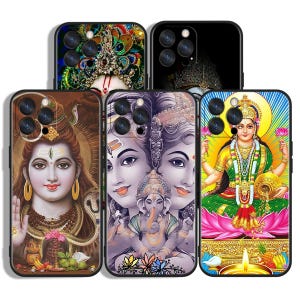 May include: Five smartphone cases featuring Hindu deities. The top two show close-ups of ornate headpieces. The bottom left depicts Shiva, the center shows Shiva, Parvati, and Ganesha, and the bottom right displays Lakshmi on a lotus flower.