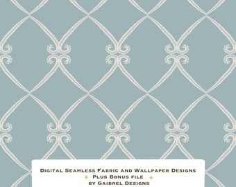 Fabric and Wallpaper Digital Download Botanical Lattice Seamless Pattern: Blue Fabric Wallpaper (Digital Download)