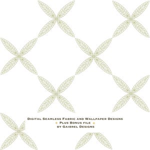 Könnte beinhalten: Ein nahtloses Muster mit einem sich wiederholenden Design aus grünen, geometrischen, vierblättrigen Kleeblattformen auf weißem Hintergrund. Der Text "DIGITAL SEAMLESS FABRIC AND WALLPAPER DESIGNS PLUS BONUS FILE BY GAIBREL DESIGNS" befindet sich am unteren Rand des Bildes.