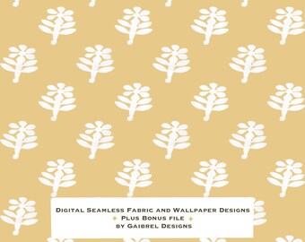 Fabric and Wallpaper Digital Download Floral Block Print Fabric: Mustard Flower Seamless Pattern (Digital Download, 20x20in