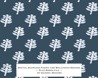 Fabric and Wallpaper Digital Download Block Print Flower Pattern: Navy Blue Fabric, Wallpaper (Digital Download)