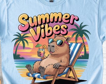Camiseta de verano con capibara: divertida camiseta retro para vacaciones en la playa