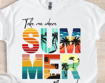 Camiseta con estampado de atardecer tropical: Camisa con ambiente de verano para vacaciones en la playa