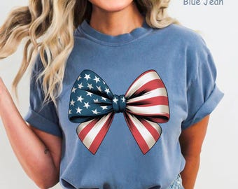 Camiseta Comfort Colors® del 4 de julio, camiseta Coquette con la bandera estadounidense, camiseta patriótica de EE. UU. con lazo para mujer, camiseta del 4 de julio