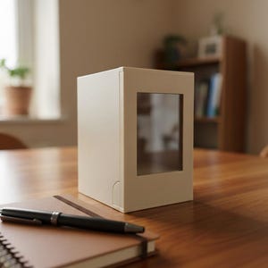 Peut inclure: Une boîte beige avec une fenêtre transparente, un carnet marron et un stylo noir sur une table en bois. La boîte a une fenêtre rectangulaire. Le carnet est fermé et a une reliure à spirale. Le stylo est posé sur le carnet.