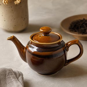 May include: A glossy, dark brown ceramic teapot featuring a rounded body, a curved spout, a sturdy handle, and a matching lid with a small knob. The glaze exhibits subtle tonal variations, transitioning from deep chocolate to lighter amber hues.