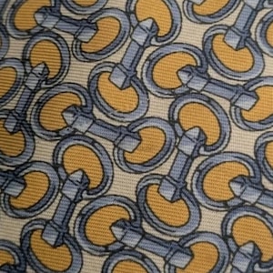 Vintage Gucci Silk Tie Horsebit Equestrian Pattern Ivory Blue Gold Made in Italy 59" Wide Designer Necktie 1990s