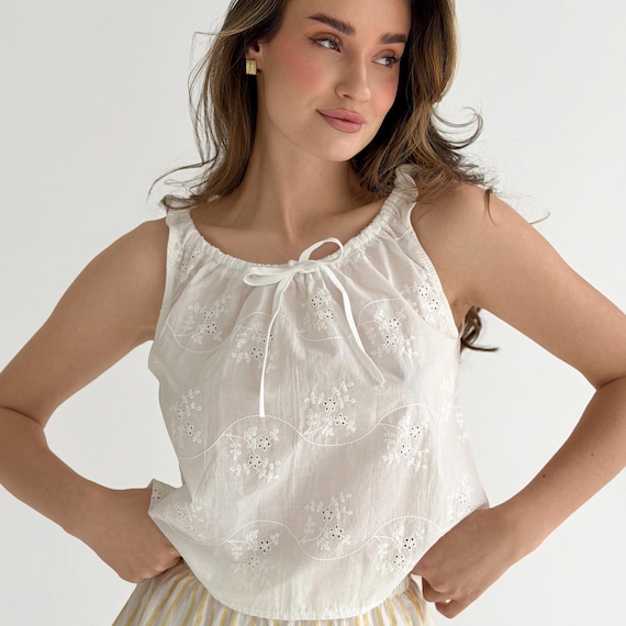 White Cotton Eyelet Top: Floral Summer Sleep Tank for Vacation Outfit