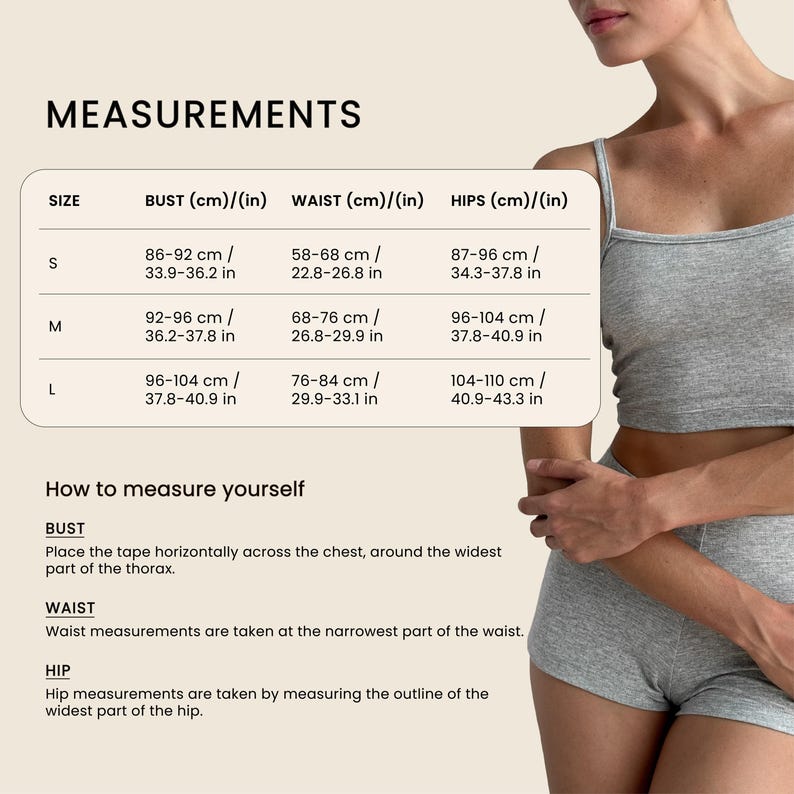May include: A gray camisole and shorts set. The image includes a size chart with bust, waist, and hip measurements in both centimeters and inches. The chart also includes instructions on how to measure yourself for bust, waist, and hip.