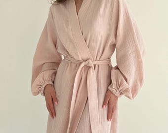 Muslin Cotton Wrap Robe: Women's Long Balloon Sleeve Dressing Gown Loungewear