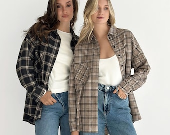 Camisa de franela a cuadros: Top de algodón con botones extragrandes para pijamas de mujer