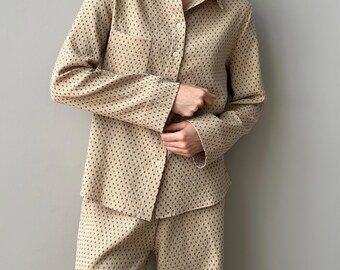 Printed Cotton Pajama Set: Organic Long Sleeve Loungewear for Women