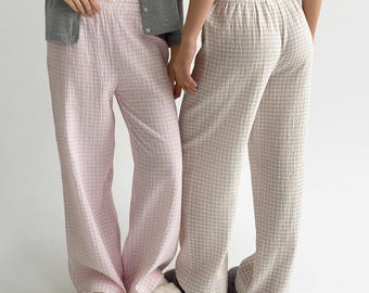 Muslin Cotton Pajama Pants: Gingham Checkered Lounge Bottoms for Women