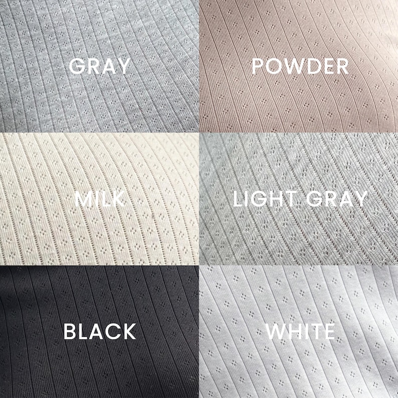 May include: Close-up of six fabric swatches in various colors: gray, powder, milk, light gray, black, and white. Each swatch has a ribbed texture with small, evenly spaced holes. The color names are printed in white text on each swatch.