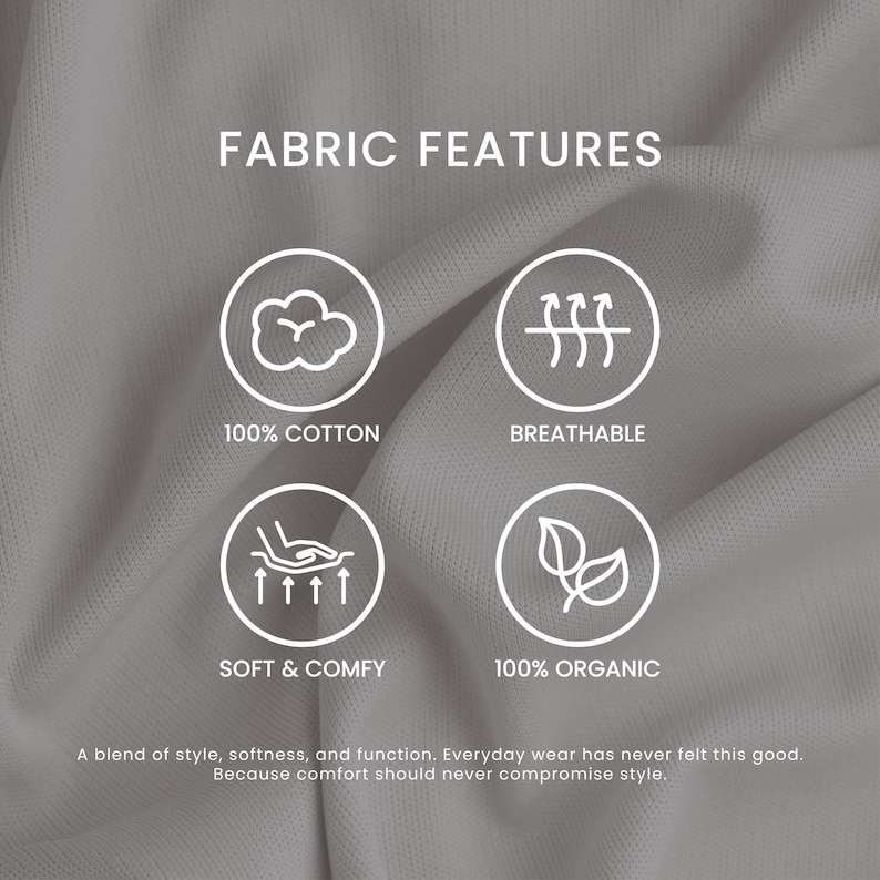Op de afbeelding: Een close-up van een lichtgrijze stof met bovenaan de woorden "FABRIC FEATURES". De afbeelding benadrukt de kenmerken van de stof: 100% katoen, ademend, zacht en comfortabel en 100% biologisch. De tekst hieronder luidt: "Een mix van stijl, zachtheid en functionaliteit."