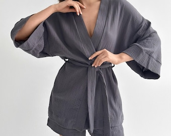 Muslin Pajama Set: Kimono Robe & Shorts, Organic Cotton Sleepwear