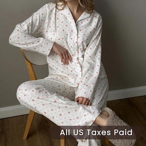 Flanellen pyjamaset Katoenen loungeset pyjama met lange mouwen en bloemen Loungewear set witte vrouwen homewear biologisch katoenen set slaapfeestje pyjama