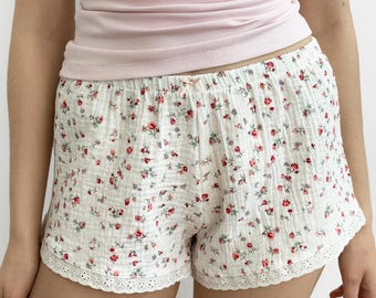 Floral Muslin Shorts: Loose Gauze Pajama Bottoms for Womens Summer Loungewear