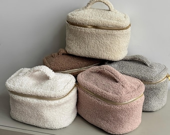 Teddy Sherpa Cosmetic Bag: Fuzzy Vanity Case Makeup Pouch Gift