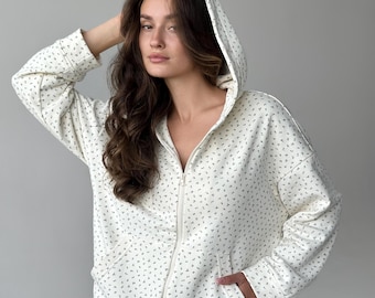 Katoenen hoodie met bloemenprint: biologische loungewear met rits en rits voor dames