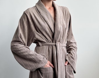 Plush Ribbed Long Robe: Soft Warm Cotton Bathrobe Loungewear Gift