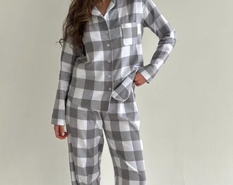Conjunto de pijama de franela para mujer, de algodón suave, a cuadros, con botones, ropa de dormir cómoda para estar en casa, regalo para ella.
