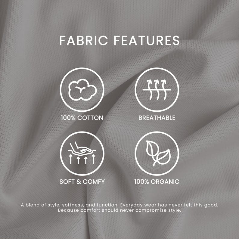 May include: Close-up of a light gray fabric with the text "FABRIC FEATURES". The image highlights the fabric's features: 100% cotton, breathable, soft & comfy, and 100% organic. The text below states "A blend of style, softness, and function."