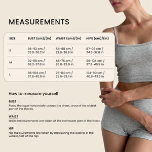 May include: A gray camisole and shorts set. The image includes a size chart with bust, waist, and hip measurements in inches and centimeters. Instructions on how to measure yourself are also included.