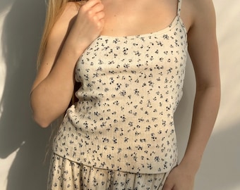 Cotton Pointelle Tank Top: Floral Ribbed Pajama Loungewear Shirt