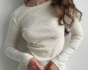 Cotton Long Sleeve Pajama Top, Floral Ribbed Shirt for Women