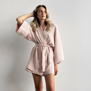 Pajama Set Kimono And Shorts Muslin PJ Set Japanese Style Sleepwear Gift For Friend Organic Cotton Morning Robe Boho Summer Muslin Kimono