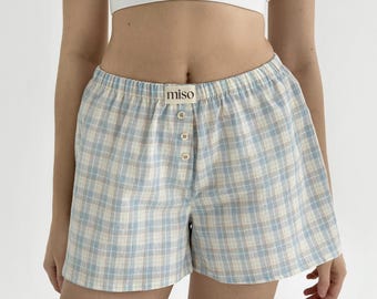 Karierte Baumwoll-Pyjama-Shorts : Damen Gingham Schlafhosen