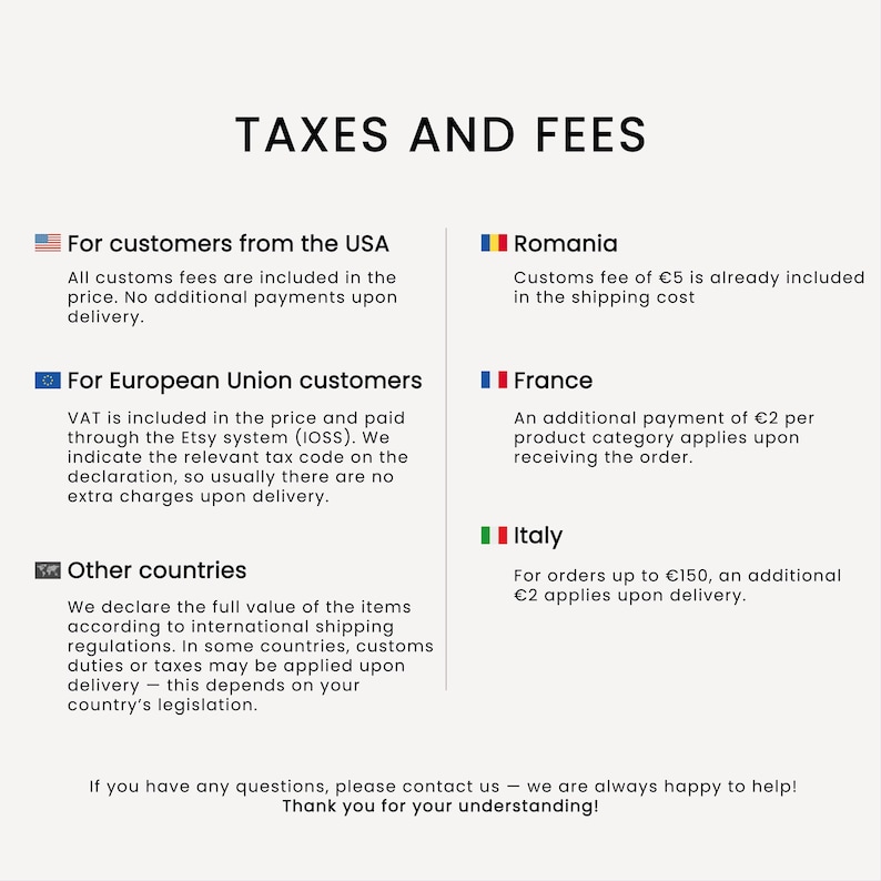 May include: Text on a white background detailing taxes and fees for international orders. Information is provided for customers in the USA, European Union, Romania, France, Italy, and other countries. The text includes a thank you message.