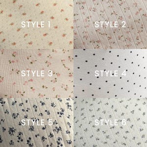 Op de afbeelding: Een collage van zes stofstalen, elk met een uniek patroon. Stijlen 1, 2 en 3 hebben bloemenprints in roze en groen op een cr&egrave;mekleurige achtergrond. Stijl 4 heeft zwarte stippen op wit. Stijlen 5 en 6 tonen blauwe bloempatronen.