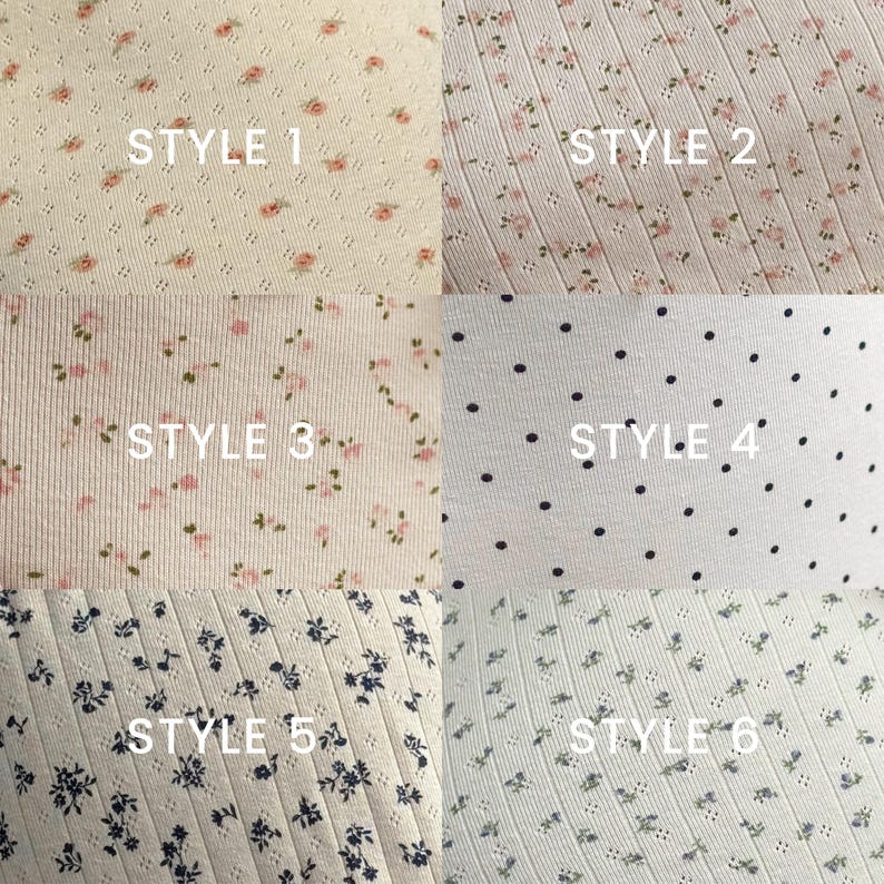 Op de afbeelding: Een collage van zes stofstalen, elk met een uniek patroon. Stijlen 1, 2 en 3 hebben bloemenprints in roze en groen op een cr&egrave;mekleurige achtergrond. Stijl 4 heeft zwarte stippen op wit. Stijlen 5 en 6 tonen blauwe bloempatronen.