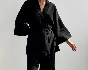 100% Cotton Muslin Pajama Set: Kimono Top & Lounge Pants