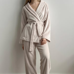 Warm Loungewear Fleece Kimono Robe And Pants Set Plush Lounge Set Soft Home Clothes For Woman Japanese Style Pajama Fleece Kimono Robe Set