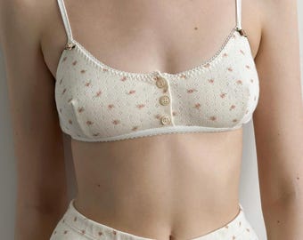 Women’s Floral Pointelle Organic Cotton Bralette: Wireless Soft Cup Cotton Bra