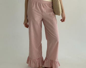 Pantalones de descanso de algodón con volantes y estampado de cuadros vichy para mujer: pantalones de verano con un toque original.