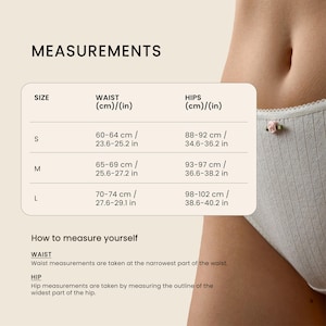 May include: Measurements chart for underwear, showing waist and hip sizes in centimeters and inches. Sizes range from S to L, with waist measurements from 23.6 to 29.1 inches and hip measurements from 34.6 to 40.2 inches. Includes instructions on how to measure.