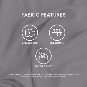 May include: A grey fabric background featuring the text FABRIC FEATURES and three circular icons. The icons depict a cotton boll labeled 100% COTTON, arrows through a line labeled BREATHABLE, and a hand on fabric labeled SOFT & COMFY.