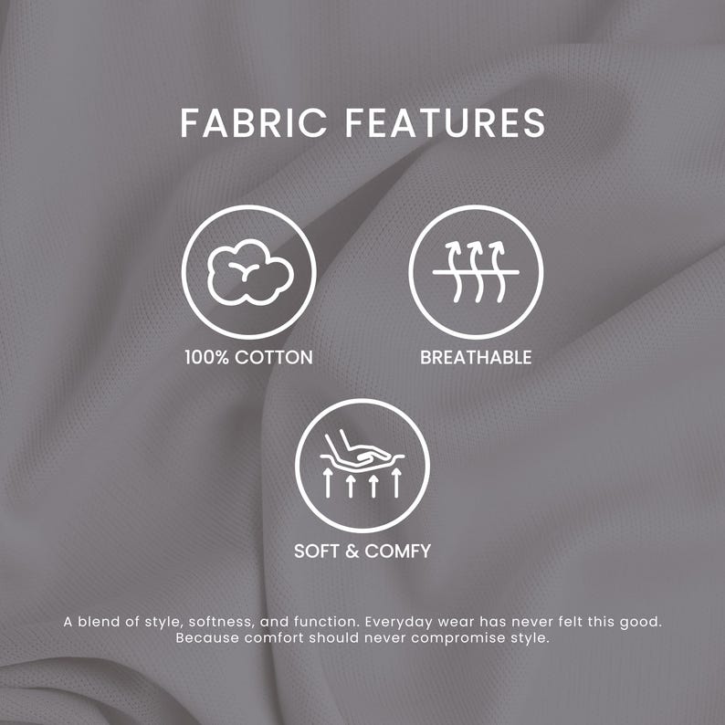 May include: A grey fabric background featuring the text FABRIC FEATURES and three circular icons. The icons depict a cotton boll labeled 100% COTTON, arrows through a line labeled BREATHABLE, and a hand on fabric labeled SOFT & COMFY.