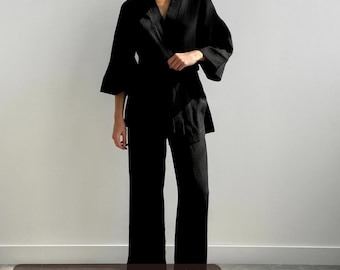 Muslin Pajamas Kimono Robe And Pants Set Breathable Summer Pajama Chic Home Clothes Japanese Style Pjs Cotton Lounge Set For Women BFF Gift