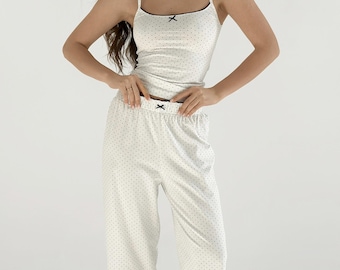 Conjunto de pijama de lunares: camiseta de tirantes de algodón y pantalones anchos de estar por casa